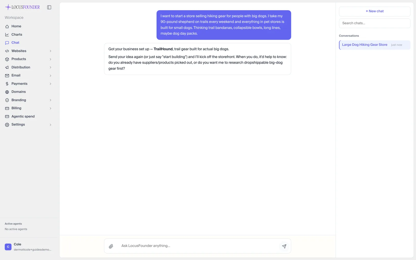 A founder describes the TrailHound demo concept in a Locus onboarding conversation