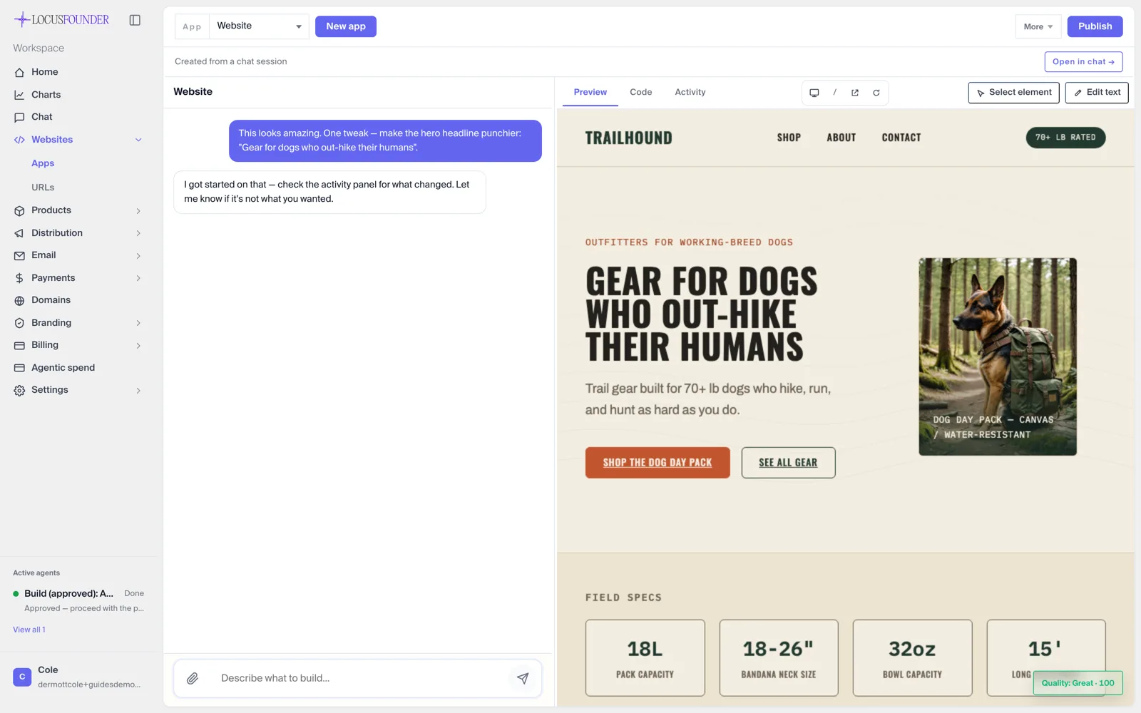 The TrailHound demo storefront and Locus conversation shown side by side