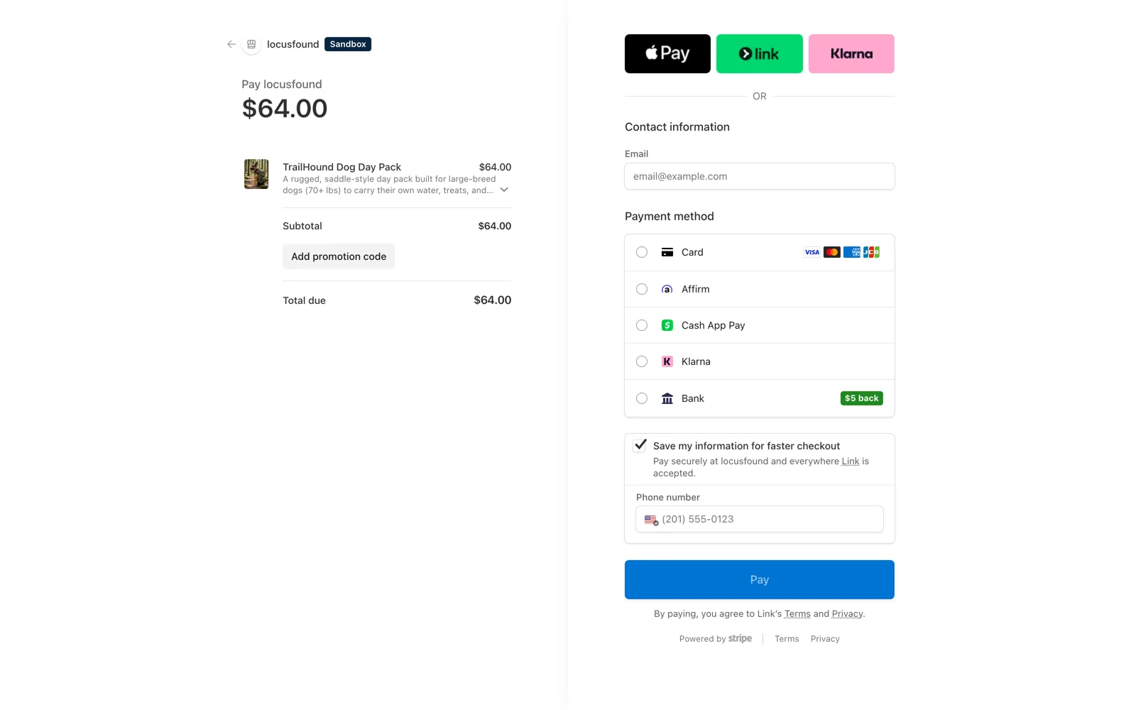 A test-mode Stripe checkout for a TrailHound demo product